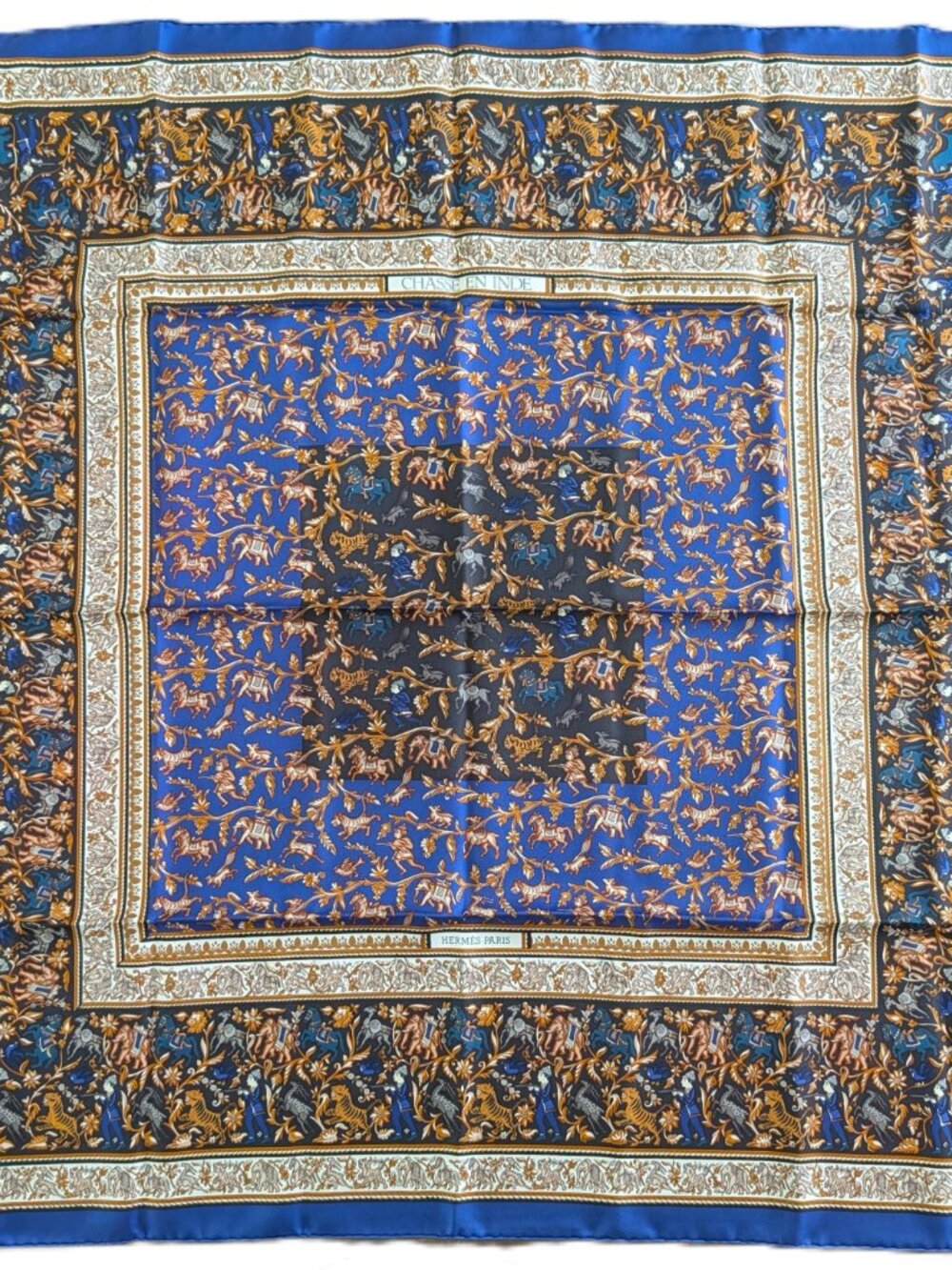 Hermès Chasse en Inde Carré 90 Silk Scarf Michel Duchêne Blue France - Picture 2 of 9